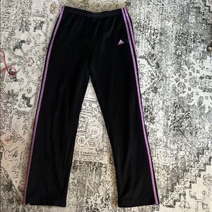Adidas Kids Black Joggers with Purple Stripes Athletic Workout Straight Leg Gym